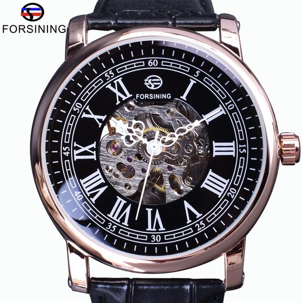 forsining retro series roman skeleton display black dial mechanical clock rose golden case mens automatic watch brand luxury248d, Slivery;brown